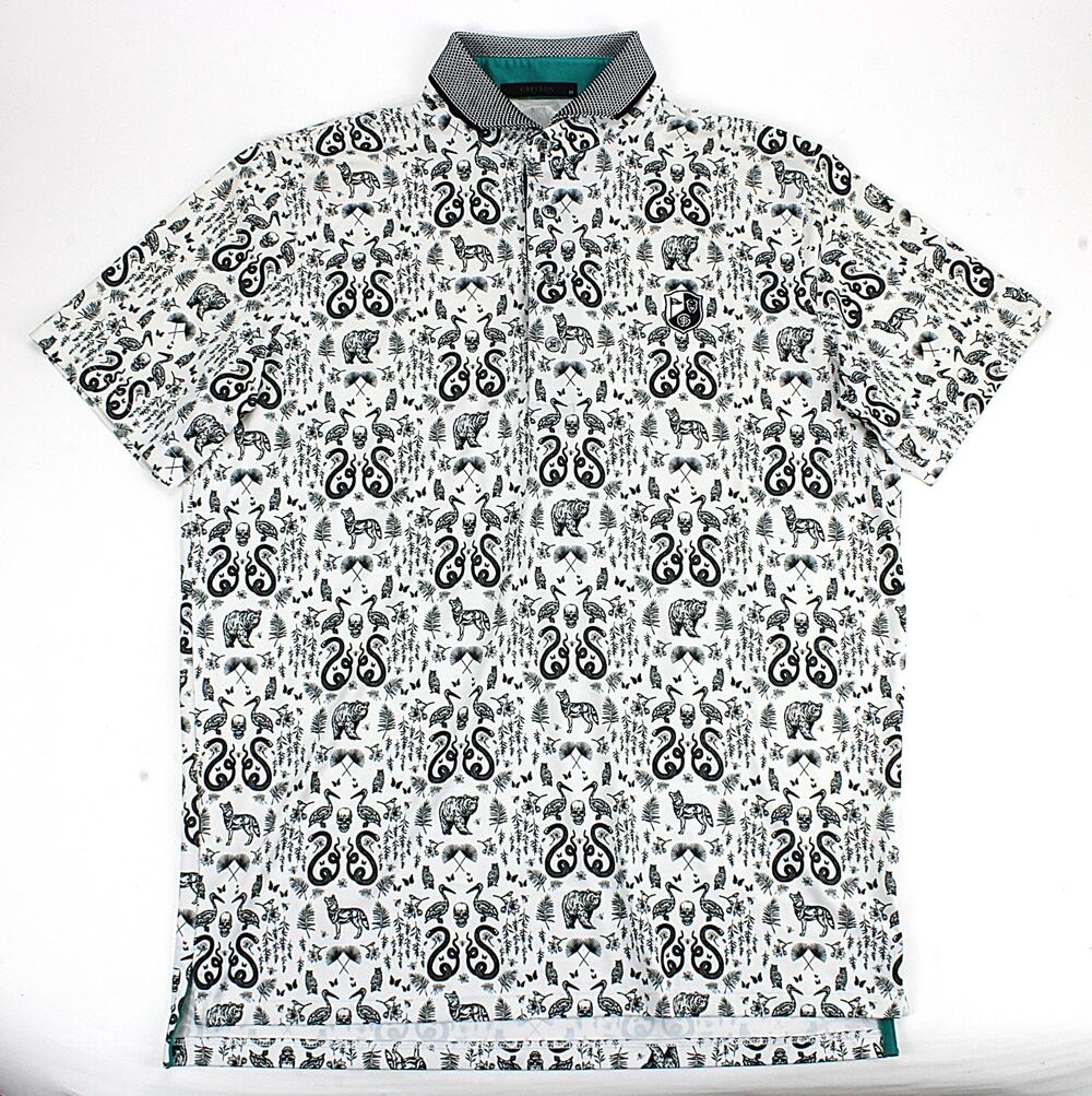 Greyson Polo Mens M Animal Pattern Short Sleeve Black White Collared Golf Shirt